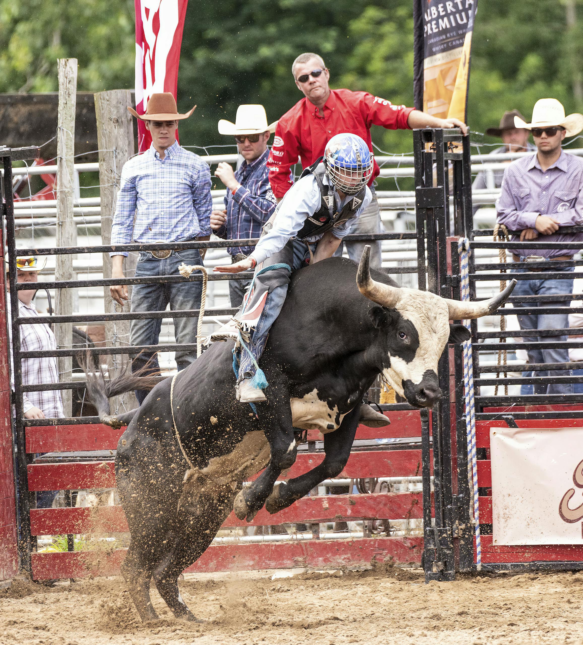 Thrilling bull riding action at a rodeo with cowboy and audience.